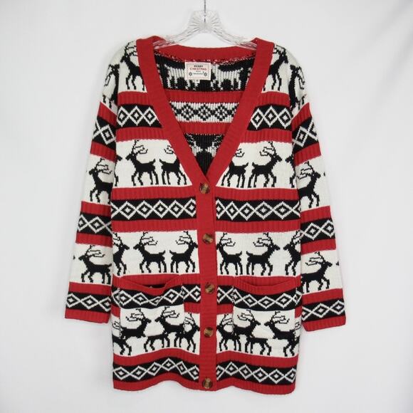 DAISYS BOUTIQUE Elk Reindeer Long Sleeves Knit Christmas Cardigan Sweater Medium - Picture 2 of 13